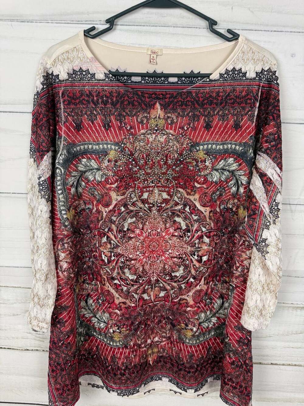 Reba Women's XL Lace Metallic Glitter Overlay Studded 3/4 Sleeve Top